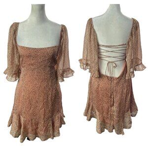 SAINTS SECRETS Women Crisscross Open Back Mini Dress Sz L Brown Sq Neck hb-14